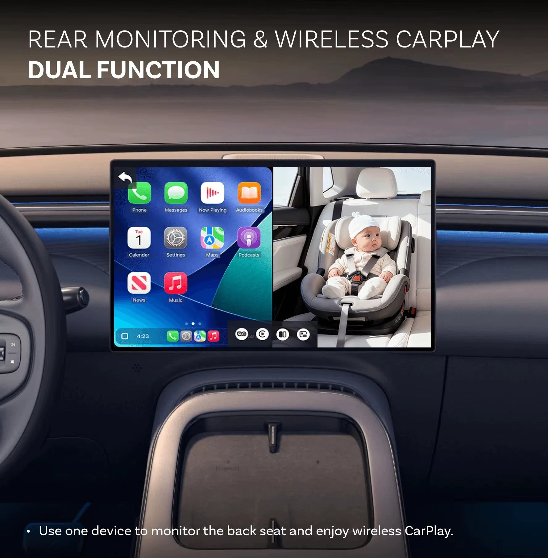 Split screen CarPlay showing apps and live baby car camera view of rear-facing car seat