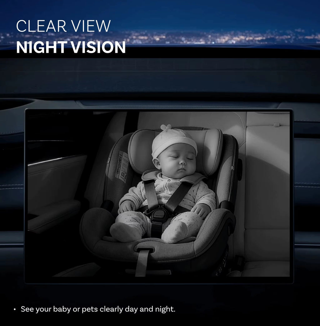 Infrared night vision baby car camera view of sleeping baby in rear-facing car seat