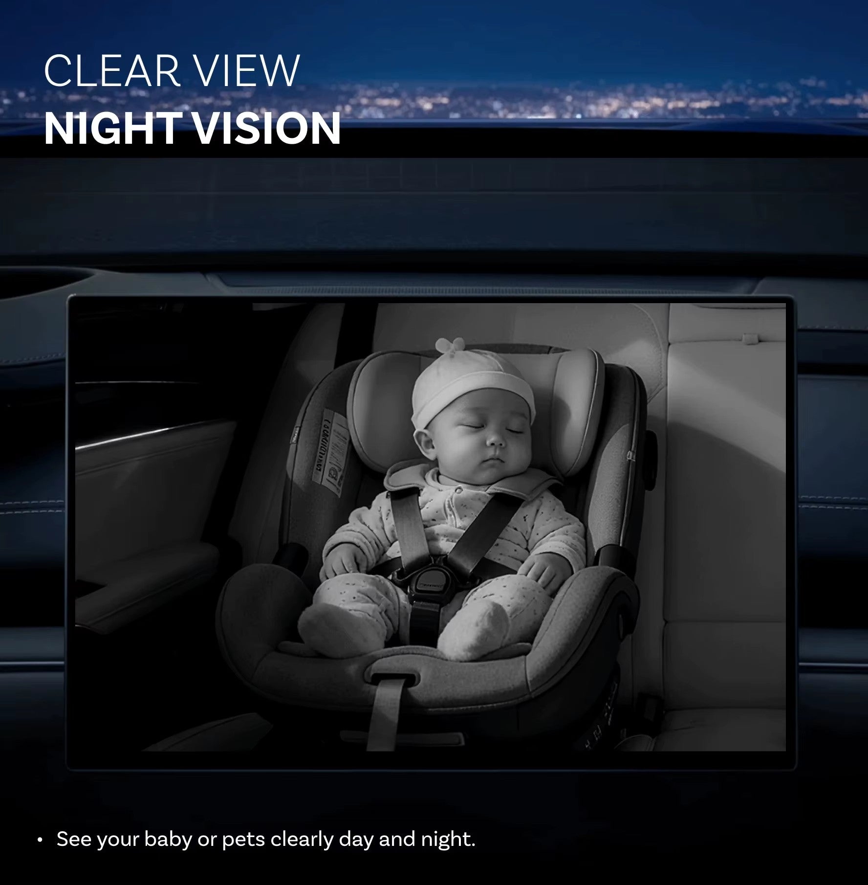 Infrared night vision baby car camera view of sleeping baby in rear-facing car seat
